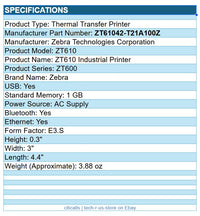 Zebra ZT61042-T21A100Z Thermal Transfer Label Printer Mono USB BT 12Ftx4" 203dpi