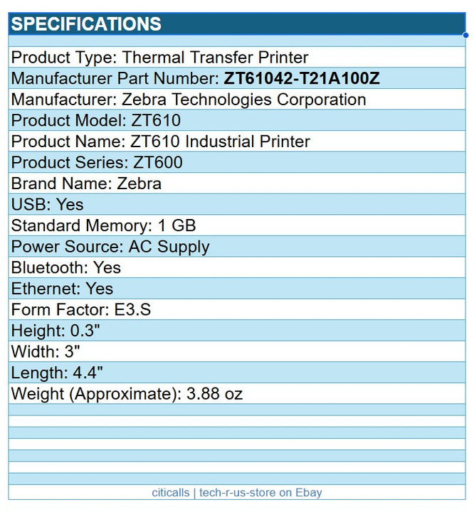 Zebra ZT61042-T21A100Z Thermal Transfer Label Printer Mono USB BT 12Ftx4" 203dpi
