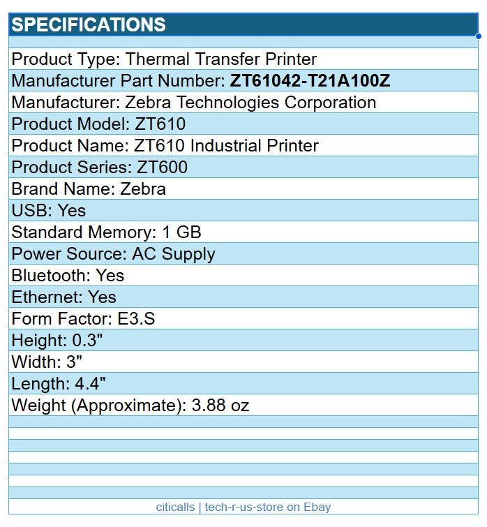 Zebra ZT61042-T21A100Z Thermal Transfer Label Printer Mono USB BT 12Ftx4" 203dpi