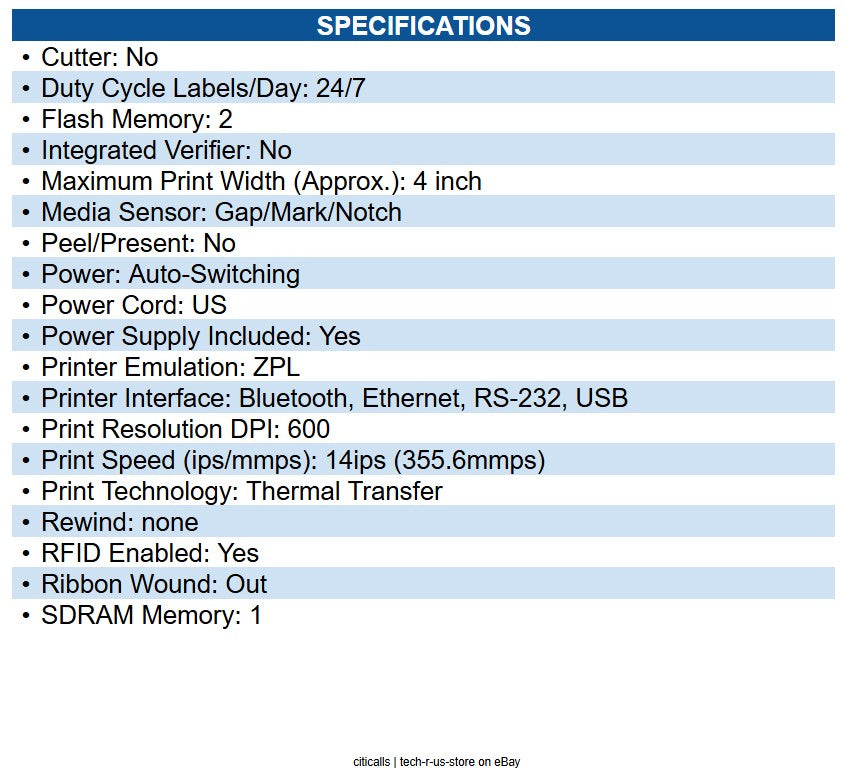 Zebra ZT61046-T0101A0Z ZT610 4'' 600 dpi, US Cord, Serial, USB, Gigabit Ethernet